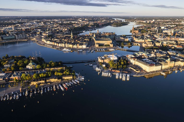 Aerial shot of Stockholm on a summer day. Visible are the ditricts of Södermalm, Gamla stan and Norrmalm.
